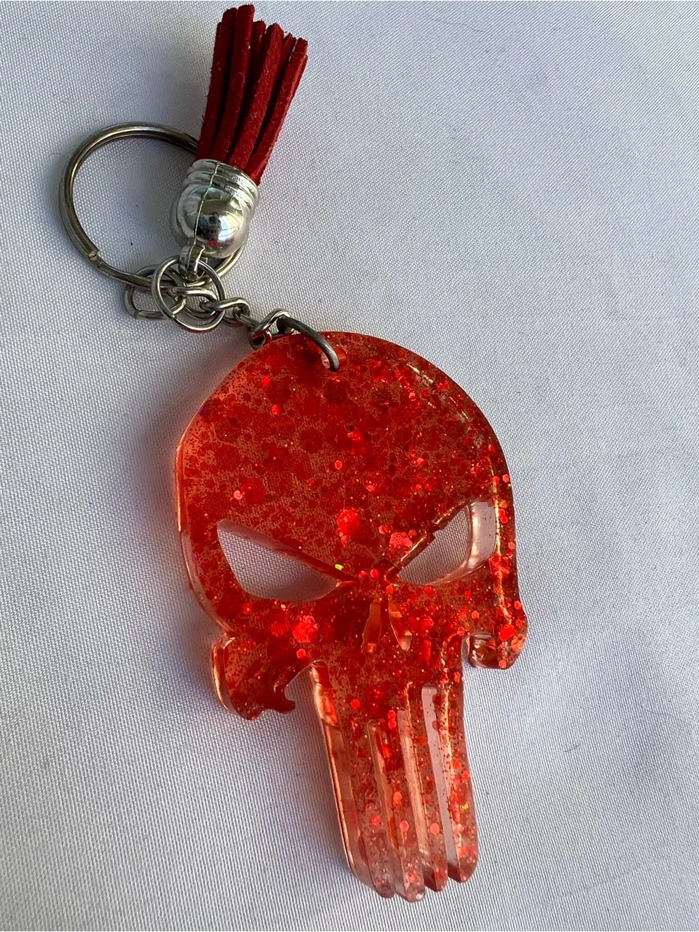 Large Red Sparkle Resin Punisher Skull Keychain Handmade Glitter Key Ring